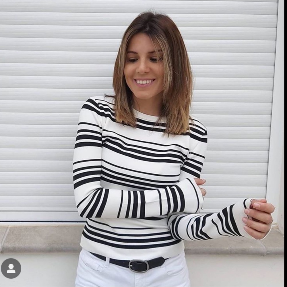 🩵 ZARA Knit Fitted White w/ Black Stripe Top Sweater sz Large